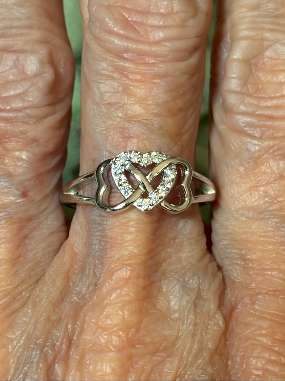 Silver Tone Interlocking Hearts Rhinestone Ring Size 8